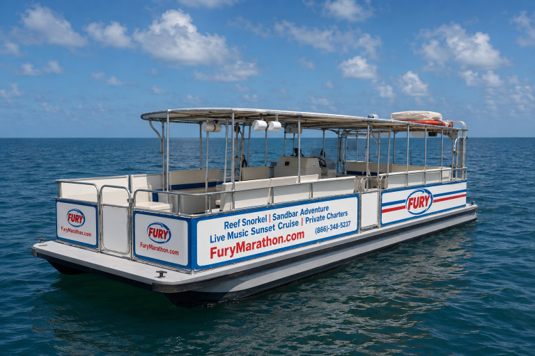 Blue and white boat on ocean with Fury logo and adventure advertising.