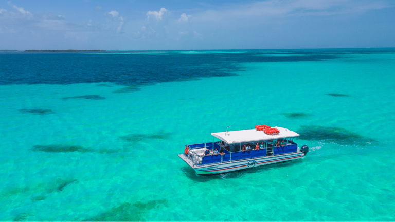 Small blue tour boat on clear turquoise ocean under a blue sky.