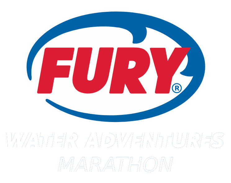 FURY logo with blue wave outline and text 'Water Adventures Marathon' below.