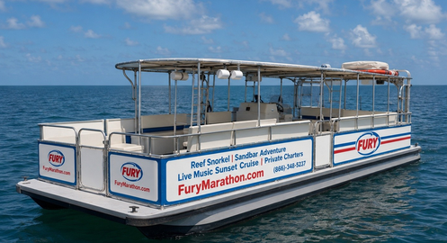 White and blue Fury tour boat on ocean under a clear sky.